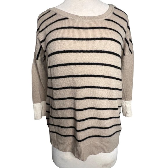 Duffy women’s cashmere sweater S  round neck 3/4 sleeve stretch tan black flaw - Picture 1 of 15